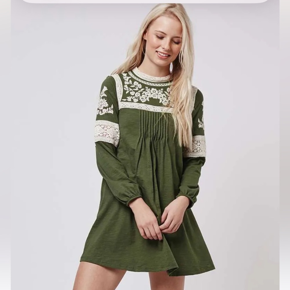 Topshop Green Mini Dress with White Embroidery